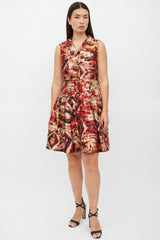 Oscar de la Renta Red & Multicolour Silk Pleated Shirt Dress