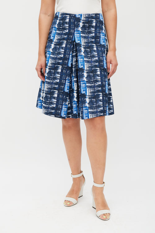 Oscar de la Renta White & Blue Pleated Abstract Skirt