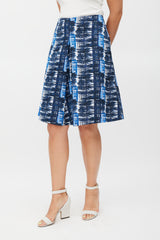 Oscar de la Renta White & Blue Pleated Abstract Skirt