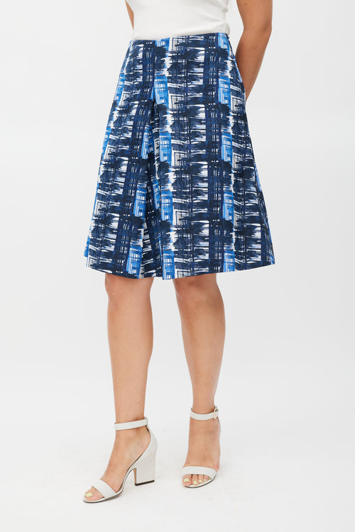Oscar de la Renta White & Blue Pleated Abstract Skirt