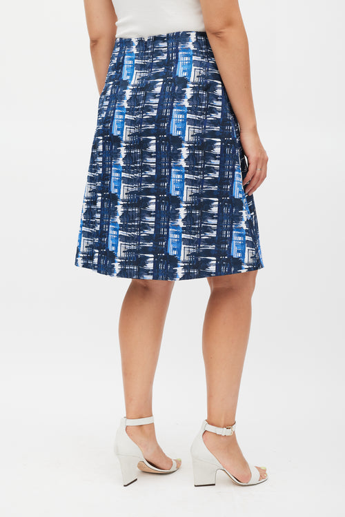 Oscar de la Renta White & Blue Pleated Abstract Skirt