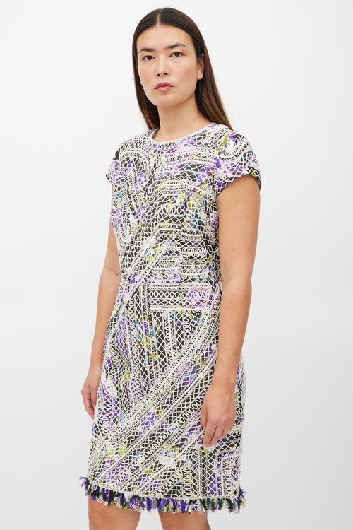 Oscar de la Renta White & Multicolour Silk Lace Fringe Dress