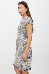 Oscar de la Renta White & Multicolour Silk Lace Fringe Dress