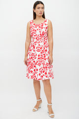 Oscar de la Renta White & Red Asymmetrical Floral Panelled Dress