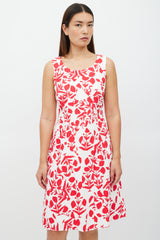 Oscar de la Renta White & Red Asymmetrical Floral Panelled Dress