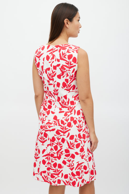 Oscar de la Renta White & Red Asymmetrical Floral Panelled Dress