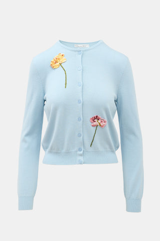 Oscar de la Renta Wool Floral Embroidered Cardigan