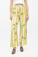 Oscar de la Renta Yellow & Multicolour Striped Floral Silk Trouser