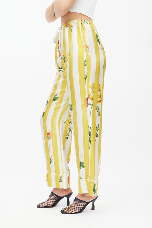 Oscar de la Renta Yellow & Multicolour Striped Floral Silk Trouser