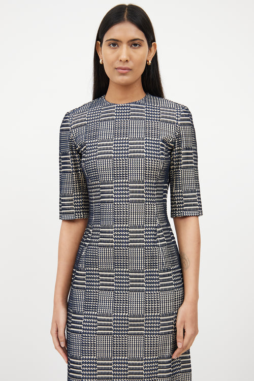 Oscar de la RentaCream & Navy Textured Woven Dress