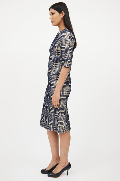 Oscar de la RentaCream & Navy Textured Woven Dress