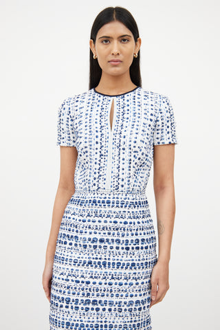 Oscar de la RentaWhite & Blue Textured Knit Dress