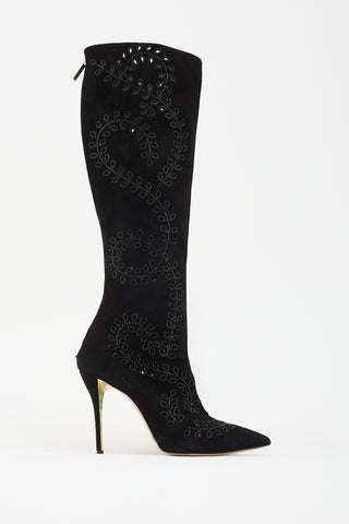 Oscar de la Renta Suede Floral Knee High Boot