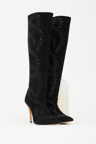 Oscar de la Renta Suede Floral Knee High Boot