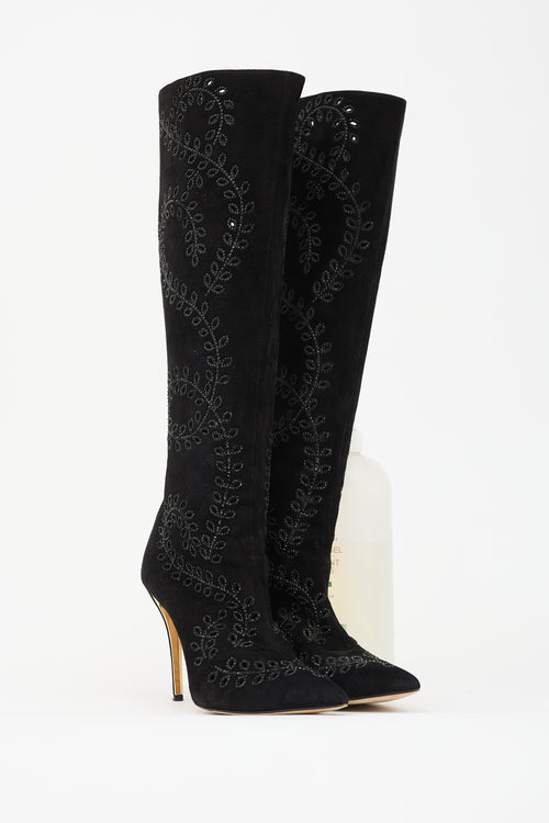 Oscar de la Renta Suede Floral Knee High Boot