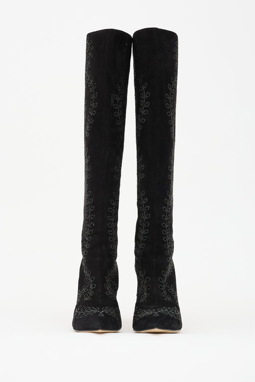 Oscar de la Renta Suede Floral Knee High Boot