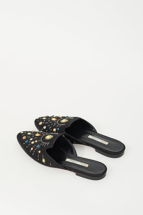 Oscar de la Renta Black Satin & Multi Beaded Embellished Mule