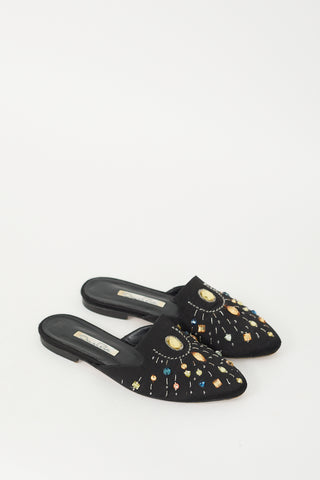 Oscar de la Renta Black Satin & Multi Beaded Embellished Mule