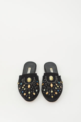 Oscar de la Renta Black Satin & Multi Beaded Embellished Mule