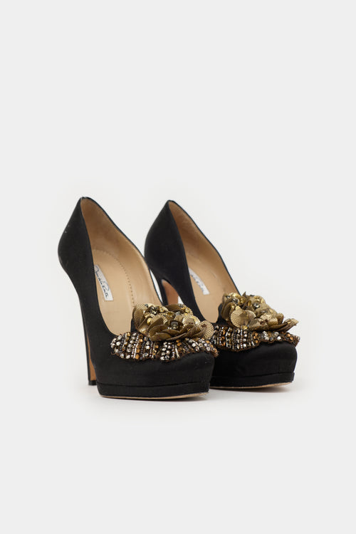 Oscar de la Renta Satin & Multi Beaded Embellished  Pump
