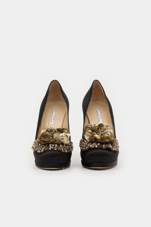 Oscar de la Renta Satin & Multi Beaded Embellished  Pump