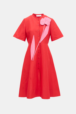 Oscar de la Renta Silk Faille Flower Applique Dress