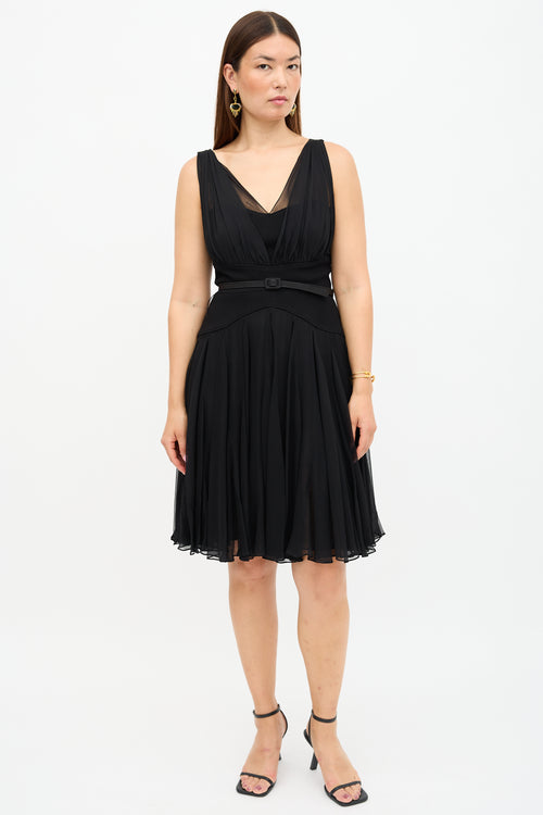 Oscar de la Renta Silk Overlay Belted Dress