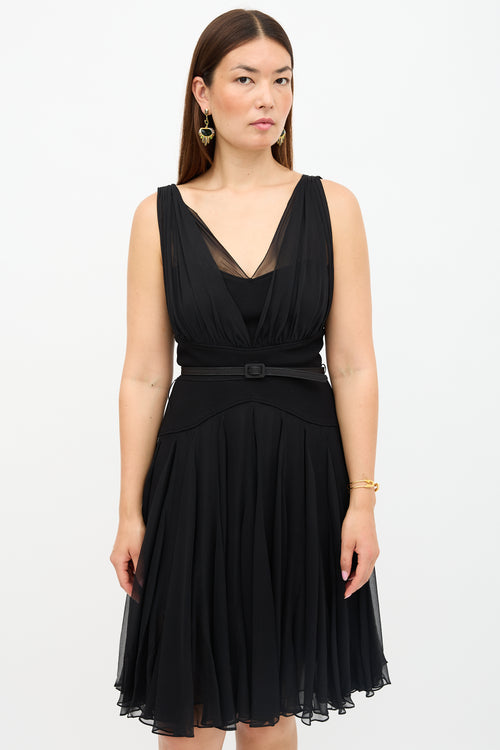 Oscar de la Renta Silk Overlay Belted Dress