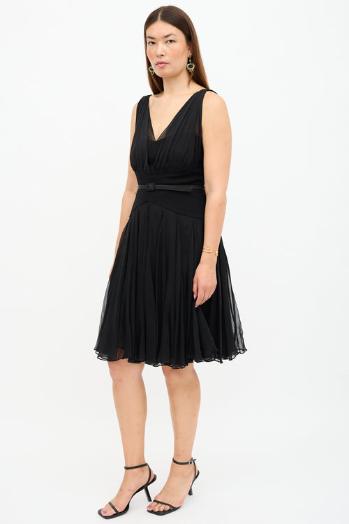 Oscar de la Renta Silk Overlay Belted Dress