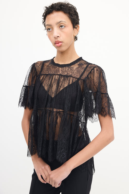 Philosophy Black Floral Lace Frill Top