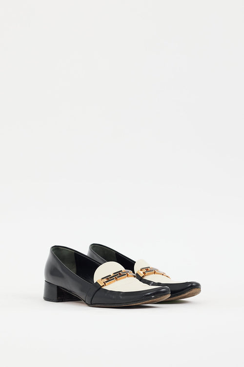 Prada Black & Cream Leather Buckle Heeled Loafer