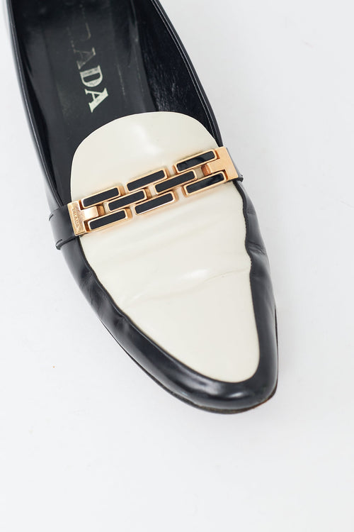 Prada Black & Cream Leather Buckle Heeled Loafer