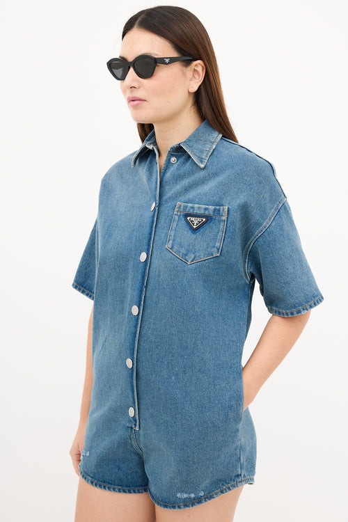 Prada 2022 Medium Wash Denim Button Up Romper