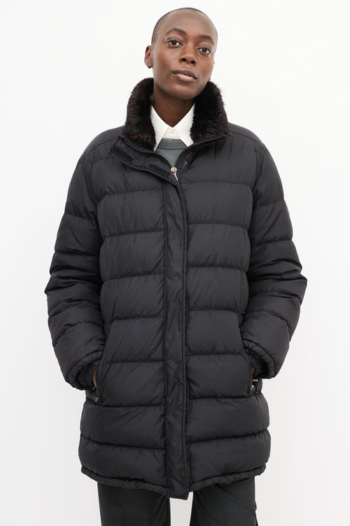 Prada Sport Black Quilted Down & Fur Puffer Jacket