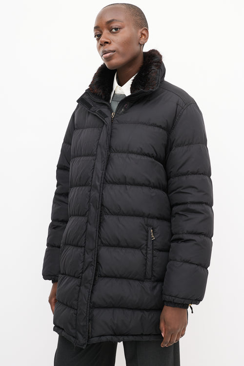 Prada Sport Black Quilted Down & Fur Puffer Jacket