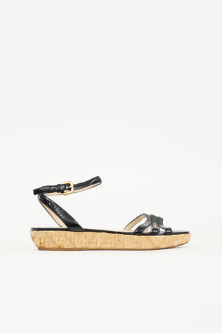Prada Patent Leather & Straw Sandal