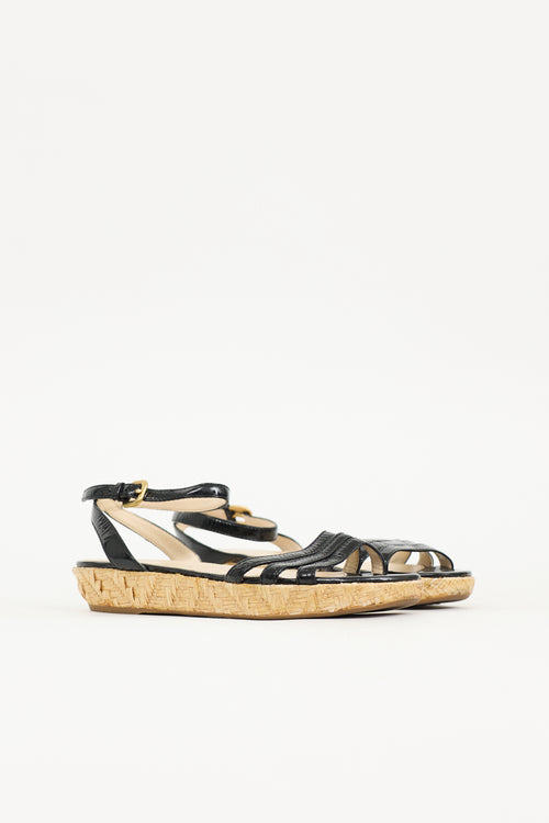 Prada Patent Leather & Straw Sandal
