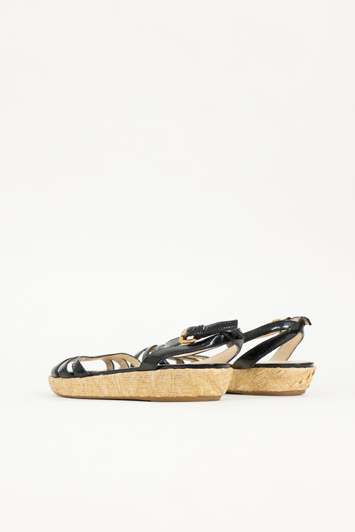 Prada Patent Leather & Straw Sandal