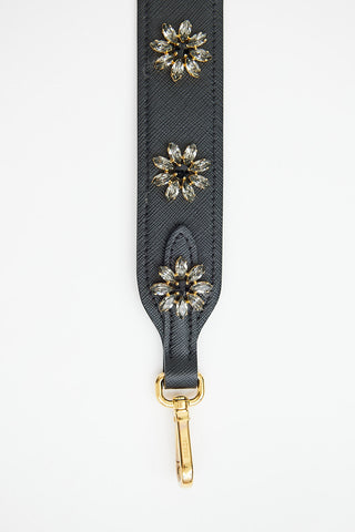 Prada Black Saffiano Crystal Flower Strap