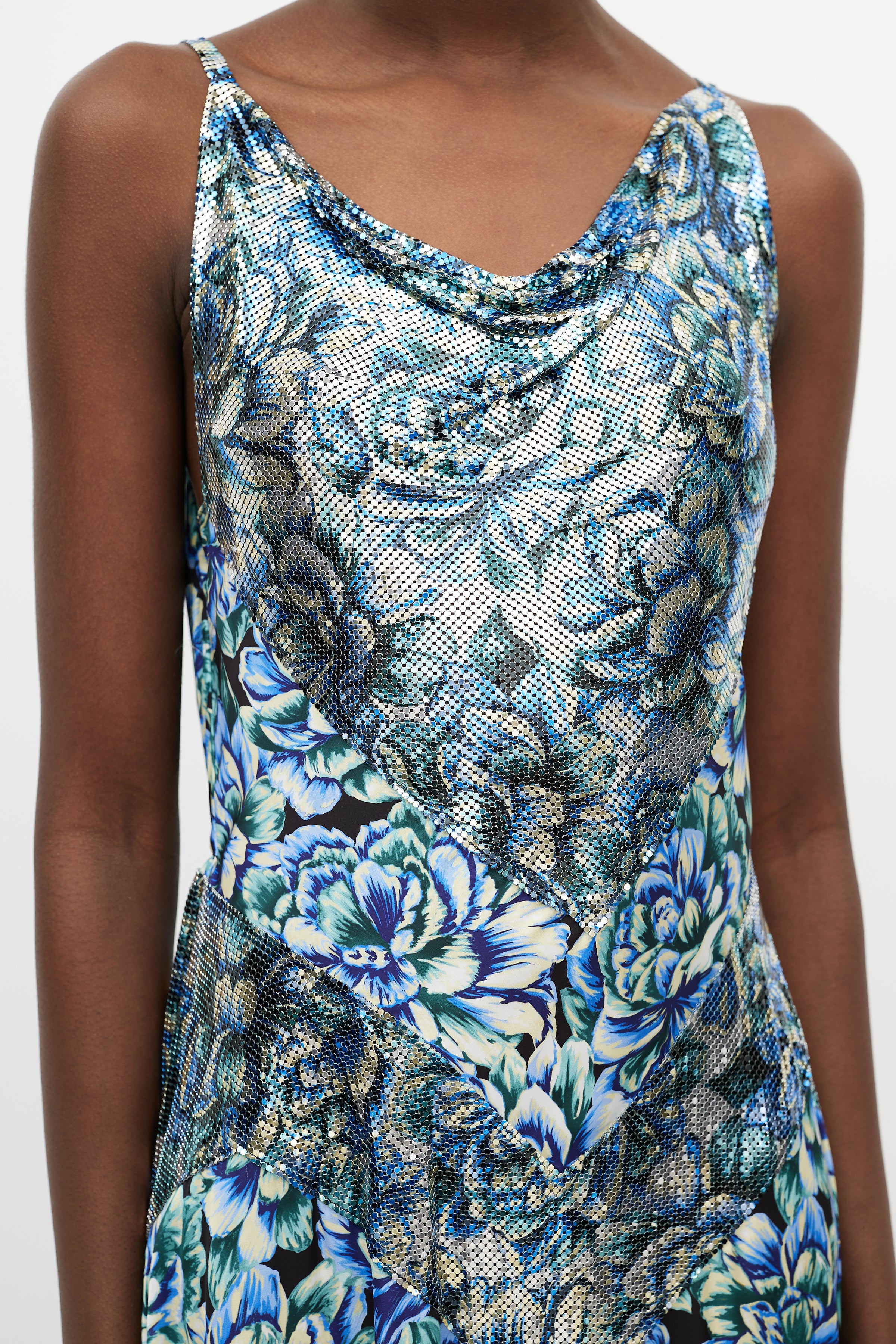 Rabanne // Chainmail Panelled Floral Satin Dress VSP Consignment Rabanne // Chainmail Panelled Floral Satin Dress VSP Consignment