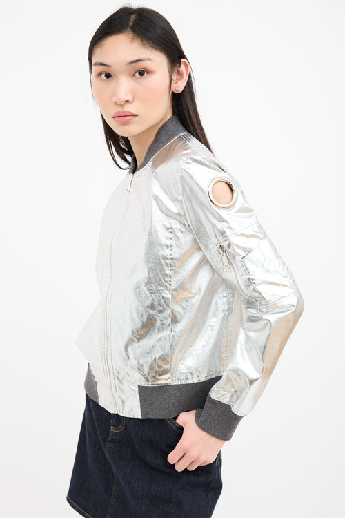 Paco Rabanne Metallic Silver Grommet Bomber Jacket