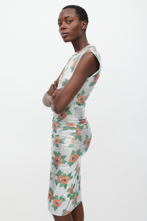 Rabanne Silver & Multi Lurex Floral Ruched Dress