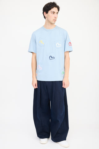 Palace X Evisu Blue & Multicolour Logo Multi Pocket T-Shirt