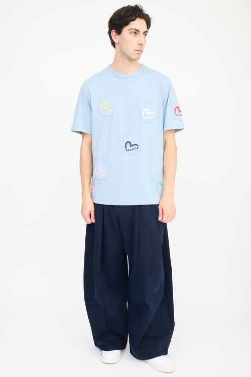 Palace X Evisu Blue & Multicolour Logo Multi Pocket T-Shirt