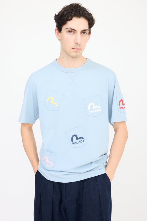 Palace X Evisu Blue & Multicolour Logo Multi Pocket T-Shirt