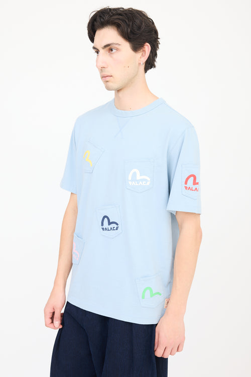 Palace X Evisu Blue & Multicolour Logo Multi Pocket T-Shirt