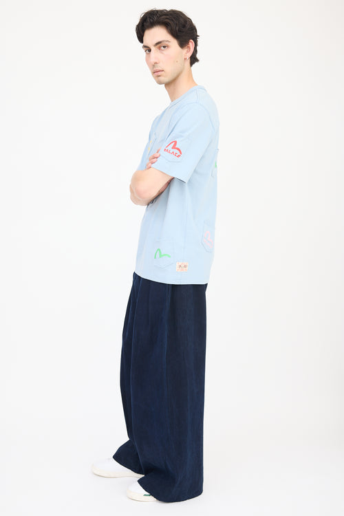 Palace X Evisu Blue & Multicolour Logo Multi Pocket T-Shirt