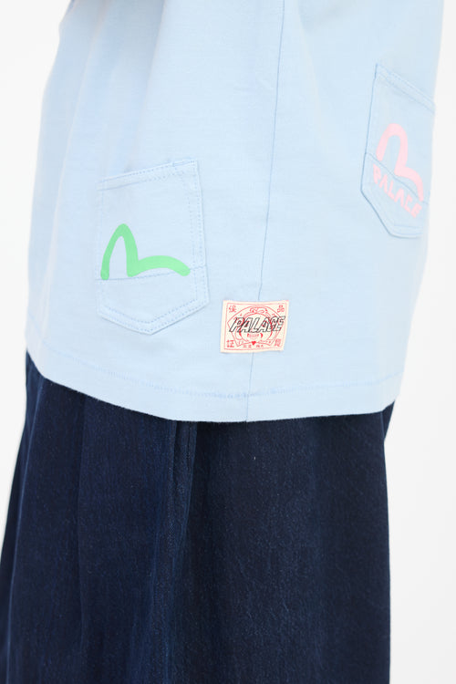 Palace X Evisu Blue & Multicolour Logo Multi Pocket T-Shirt