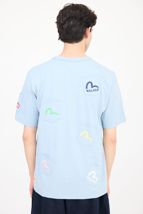 Palace X Evisu Blue & Multicolour Logo Multi Pocket T-Shirt