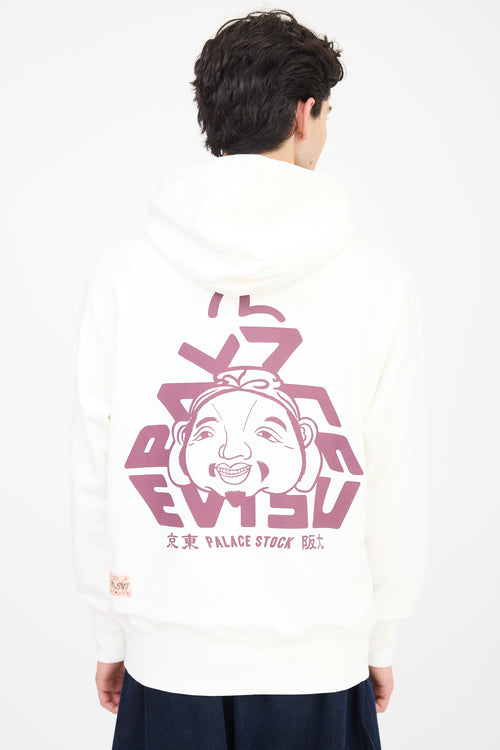 Palace X Evisu White & Burgundy Logo Hoodie